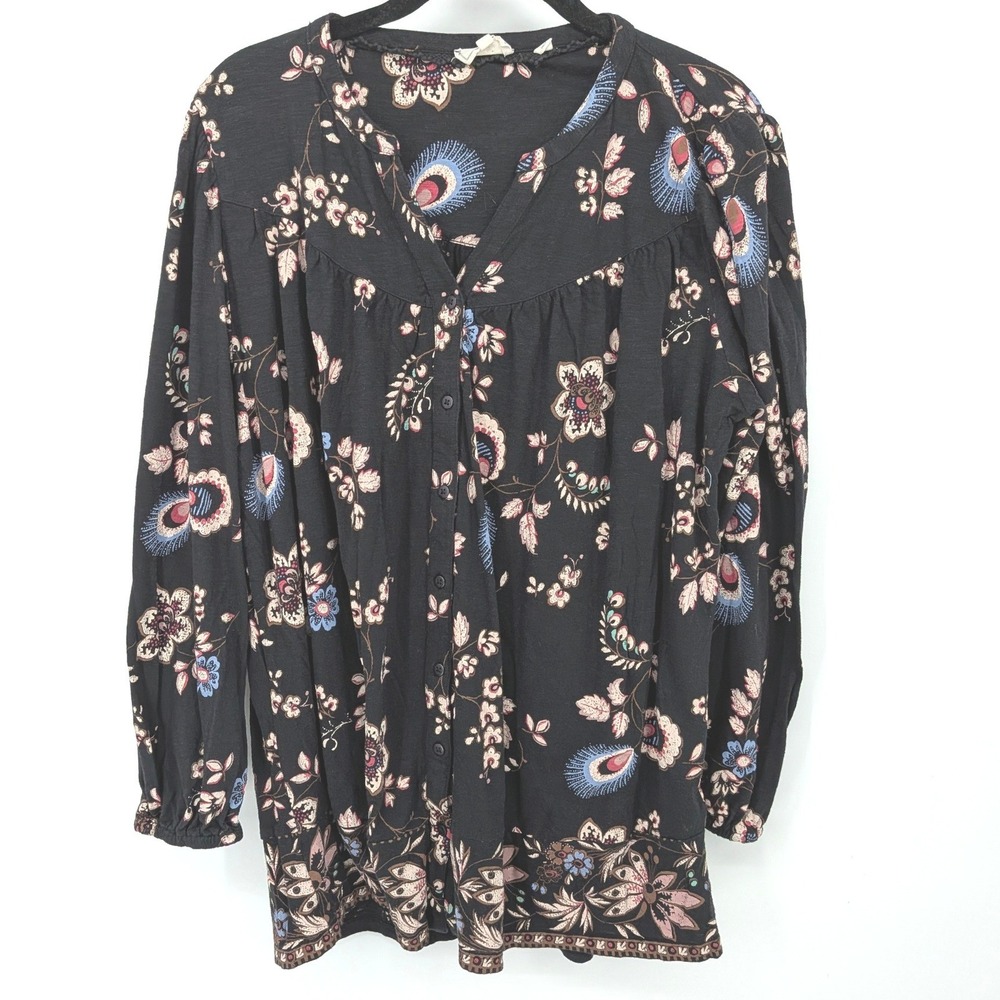 Fat Face Floral Button Front Blouse Womens 10‎ Black Boho Long Sleeve Top Casual